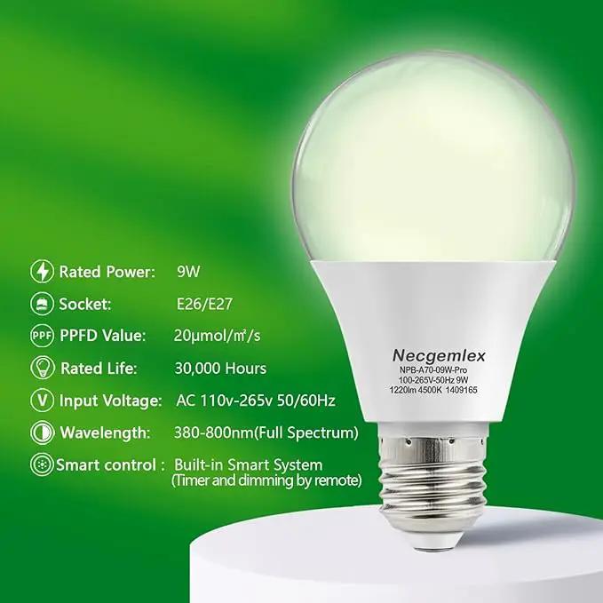 Smart LED Grow Light Bulbs with Remote Controller, Sun Mode, Built-in Daily Auto Timer, 4500K, A21/A70 E26/E27 9W Dimmable Full Spectrum Grow Bulbs for Indoor Plants, 2 Pack by GreenHaven Gardens