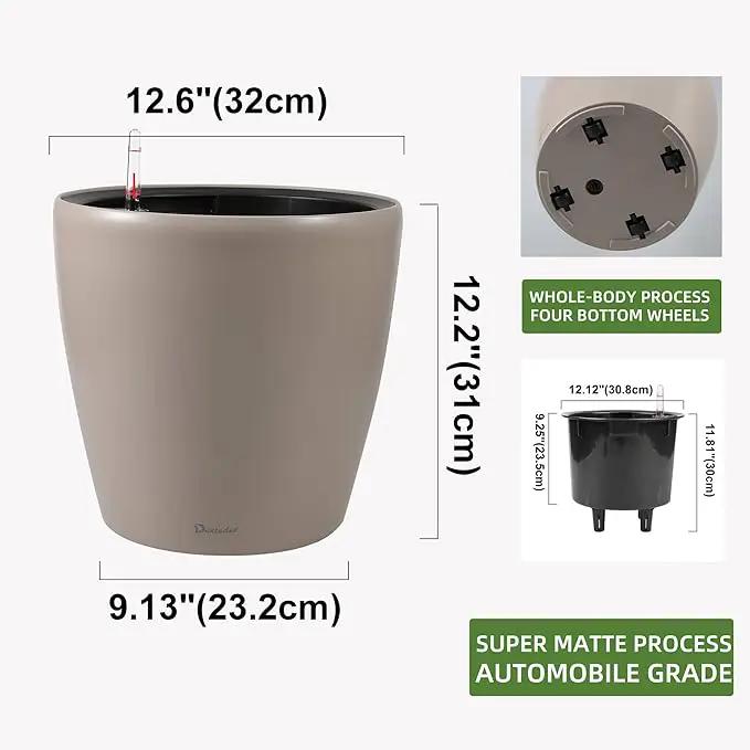 Dexceder 13x12 Self Watering Planter with Wheels Indoor Outdoor, Inner Pot Design, Thickened Large Floor Standing Flower Plant Pot with Water Level Indicator (Taupe Matte) by GreenHaven Gardens