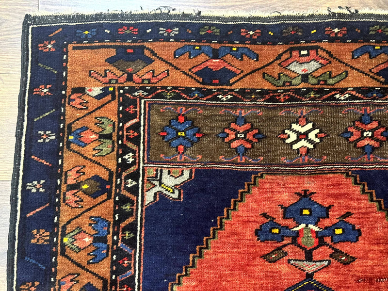 Persian Rug 3x6, Geometric Medallion, Village Tribal Rug, Terracotta and Navy Blue, Antique Nahavand Hamadan Rug by Jewel Rugs