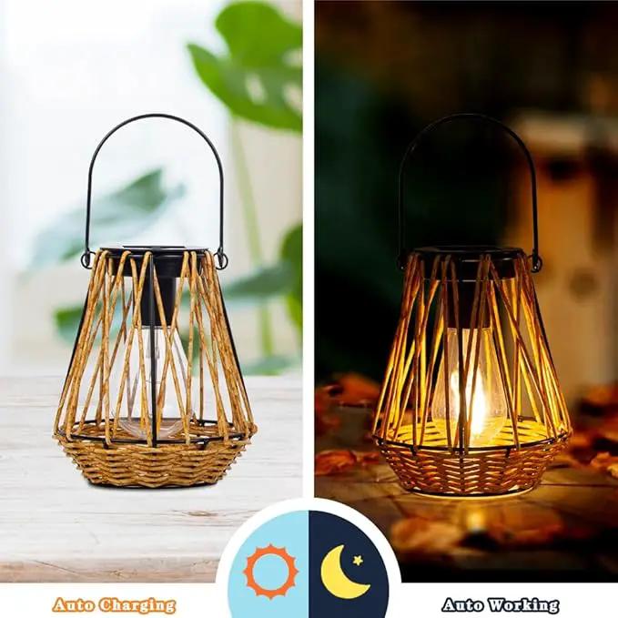 Solar Lanterns,2 Pack Hanging Solar Lantern Outdoor Lanterns for Patio Waterproof,Rattan Lantern with Handle,Decorative Retro Rattan Lights for Yard by GreenHaven Gardens