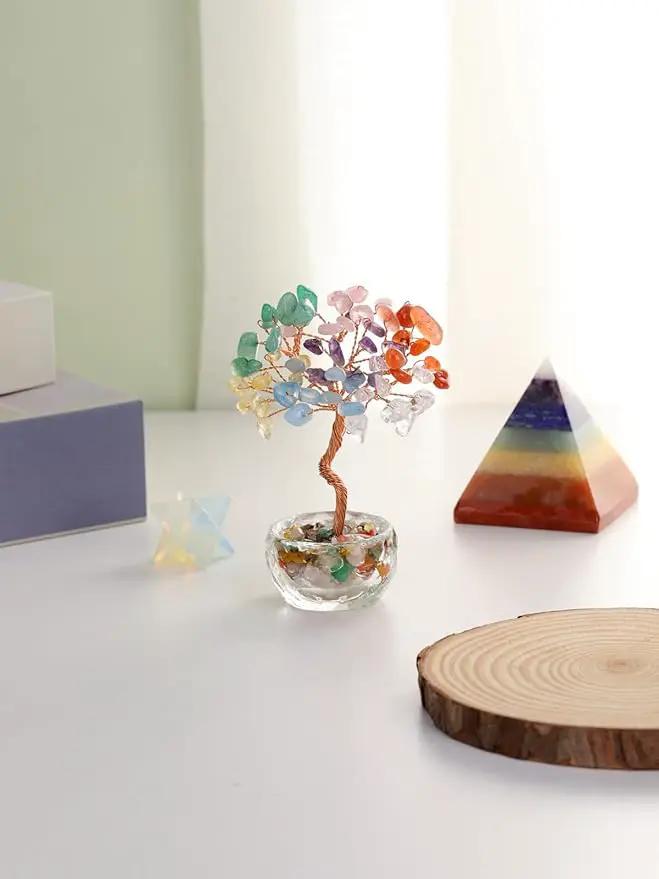 Jovivi Small 7 Chakra Crystals Tree, Natural Crystal Healing Stones Tree Glass Bowl Base Gemstone Money Trees Feng Shui Good Luck Home Desk Decor by GreenHaven Gardens
