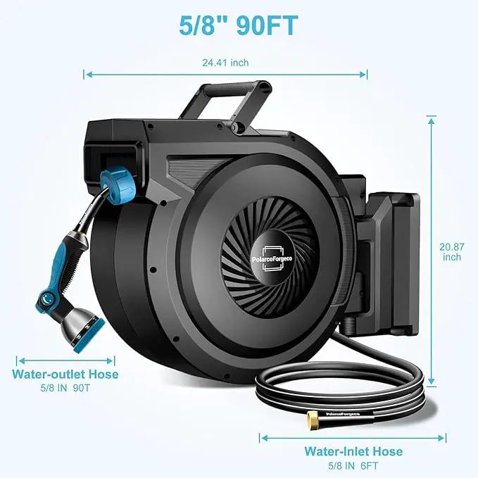 Retractable Garden Hose Reel - 5/8 inch x 80 ft Wall Mounted Hose Reel with 10 Pattern Nozzle & Any Length Lock, Heavy Duty Water Hose Supports Automatic Rewind & 180° Swivel, Black by GreenHaven Gardens