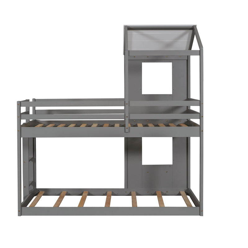 Bunk Bed Wood Bed & Roof, Window, Guardrail, Ladder