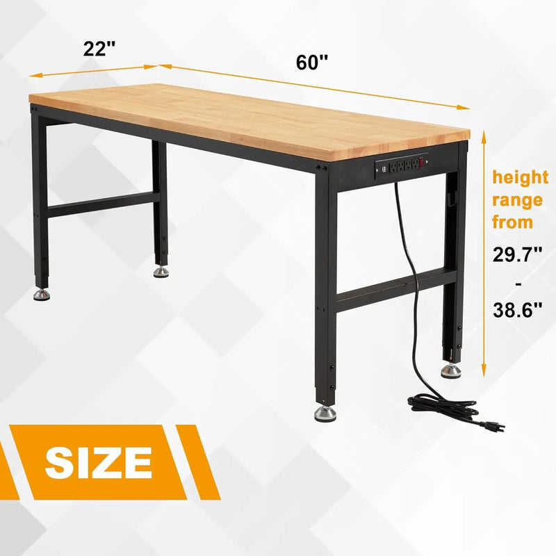 HABUTWAY Height Adjustable Workbench 60" 2000 Lbs Capacity Solid Wood Work Station Heavy-Duty Work Tables with Power Outlets for Garage Party Shop Office by GreenHaven Gardens