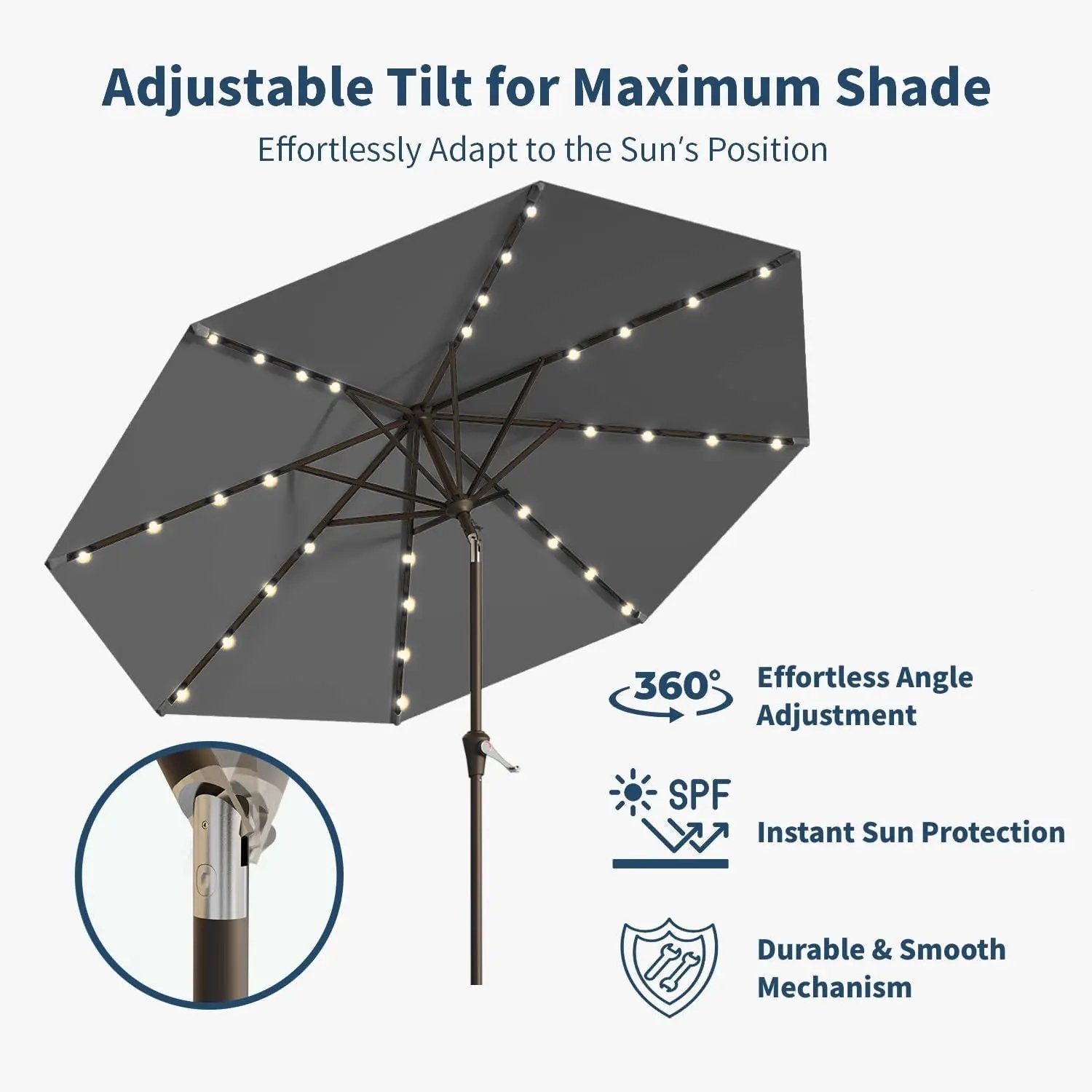 10FT Solar Umbrella 32 LED Lighted Patio Umbrella Table Market Umbrella w/Tilt and Crank, UV-Resistant Outdoor Umbrella for Pool, Garden, Deck, Gray by GreenHaven Gardens