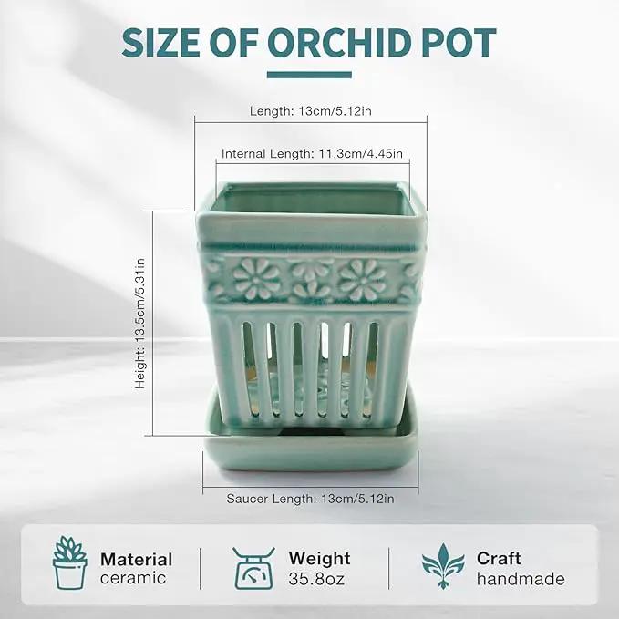 Orchid Pots with Holes | 5" Ceramic Orchid Planter with Separate Saucer and Drainage Holes | Crackle Glazed Pottery Small Flower Pot for Repotting Orchids（Blue） by GreenHaven Gardens