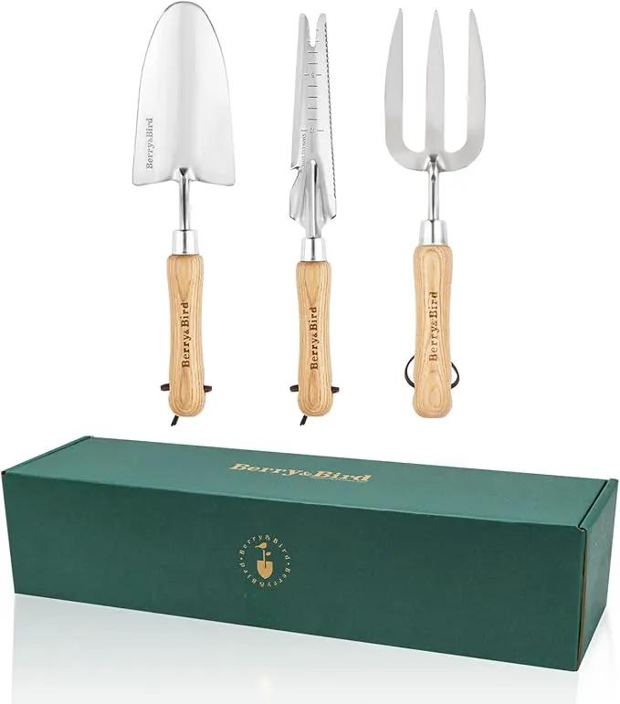 Berry&Bird Gardening Hand Tool Set - 3PCS Stainless Steel Garden Tool Kit Multifunctional Tool with Wooden Handle Trowel, Fork & Weeder for Weeding Planting Transplant, Ideal Garden Gift for Women&Men