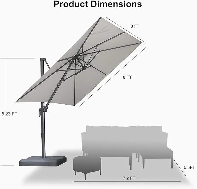 PURPLE LEAF 8 FT Cantilever Patio Umbrella Outdoor Aluminum Offset Square Umbrella with 3 Years Fade Resistance Recycled Fabric and 360-degree Rotation for Deck Pool Garden, Pebble Grey by GreenHaven Gardens