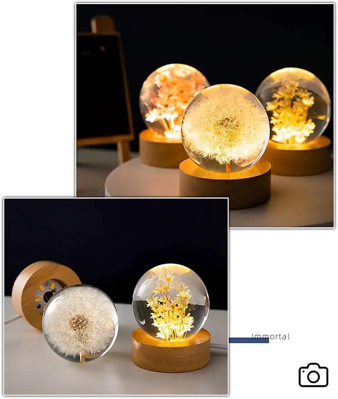 Flower Crystal Ball Night Light, 2.4 inch Glass Ball Night Lamp with Woodern Base (Yellow Daisy) by GreenHaven Gardens