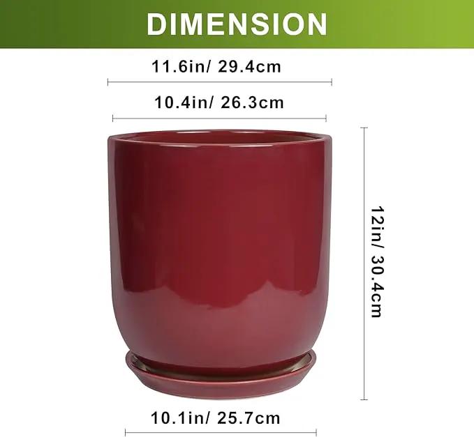 Ceramic Pots for Plants - 12 Inch Plant Pot Indoor with Drainage Hole and Saucer Large Planter Outdoor Flower Pot for Home Patio Office Decor Red by GreenHaven Gardens