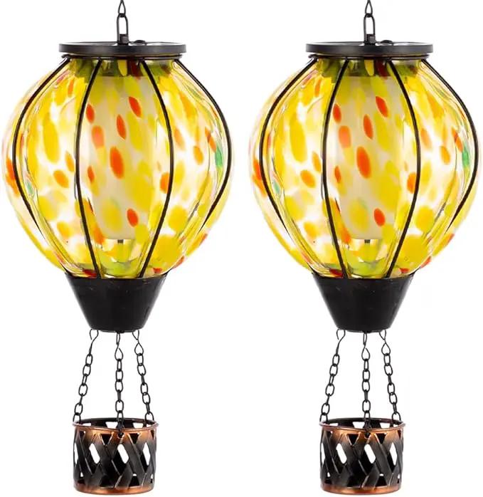2PCS Hot Air Balloon Solar Lanterns with Flickering Flame,Yellow Glass Hanging Solar Lanterns Outdoor Waterproof Hot Air Balloon Light for Patio Tree Yard Garden Decor,Garden Gift for Women by GreenHaven Gardens