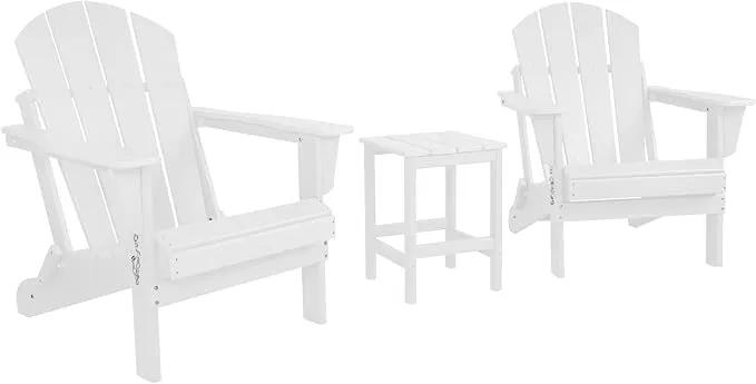 WO Home Furniture Adirondack Chairs Table Set of 3 PCS Outdoor Folding Chairs Side End Table Weather/UV Resistant for Lawn, Garden, Bon Fire, Balcony (White) by GreenHaven Gardens