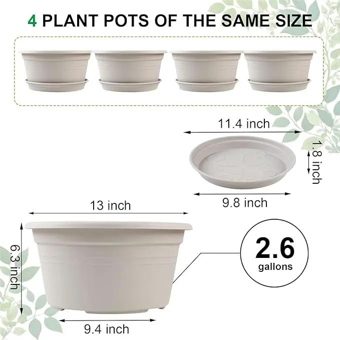 Large 4 Pack13 inch Plant Pots, Round Plastic Pots for Plants, Outdoor Planters with Drainage Hole & Tray Saucer, Decoration Large Flower Pots for Indoor Outdoor Garden Home Plants (White) by GreenHaven Gardens