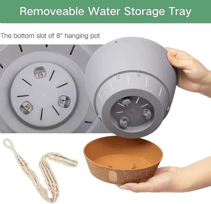 QCQHDU 2 Pack Hanging Planters for Indoor Plants, Outdoor Hanging Baskets, Self Watering Pots with Drainage Holes & Removable Tray (Light Grey, 8 inch, Macrame Hanger) by GreenHaven Gardens