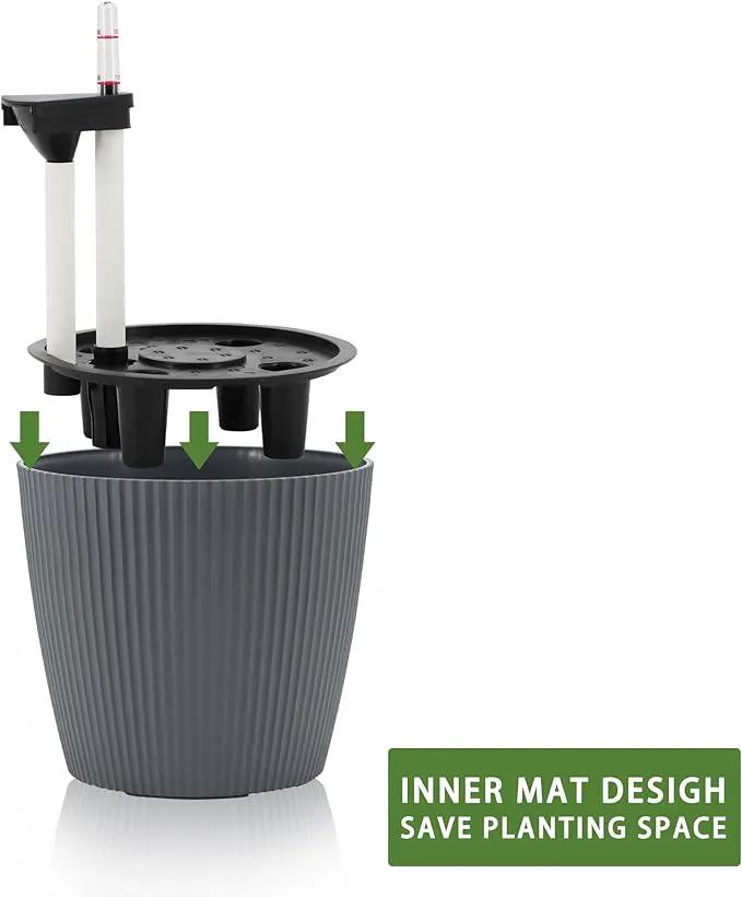 Dexceder 11x10 Self Watering Planters Indoor, Inner Mat Design, Table Flower Plant Pot with Water Level Indicator (2 Pack, Gray) by GreenHaven Gardens