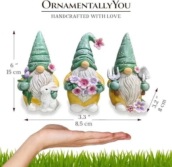 Garden Guardians Set of Three 6" Gardening Gnome Figurines, Floral Green and Yellow Statue Decor by GreenHaven Gardens