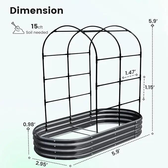 KING BIRD Raised Garden Bed with Arched Trellis Galvanized Planter Garden Box Outdoor for Gardening, Climbing Vegetables, Flowers 5.9x2.95x0.98 Ft, Dark Grey by GreenHaven Gardens