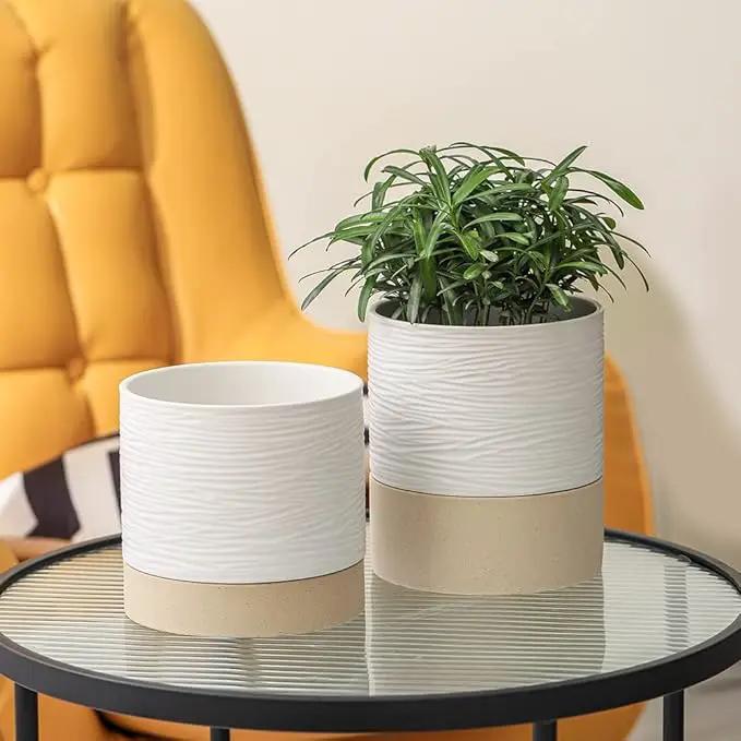 Nihow Ceramic Plant Pot: 6 Inch Planter with Drainage Hole & Saucer for Indoor & Outdoor Plants - Cylinder Round Flower Pot for Succulent/Herbs/Violets - White & Brown by GreenHaven Gardens