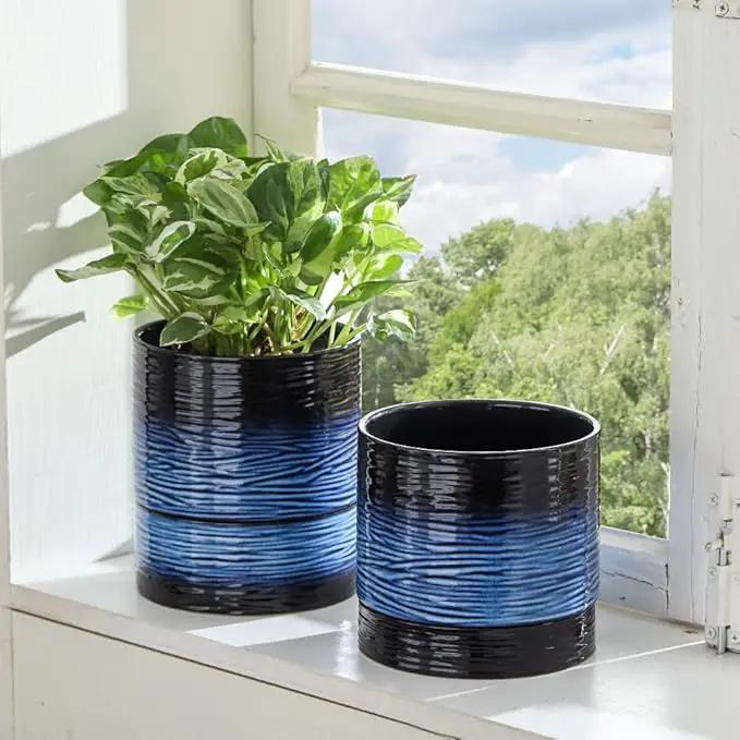 Nihow Ceramic Plant Pot: 6 Inch Planter with Drainage Hole & Saucer for Indoor & Outdoor Plants - Cylinder Round Flower Pot for Succulent/Herbs/Violets - Black & Vivid Blue by GreenHaven Gardens