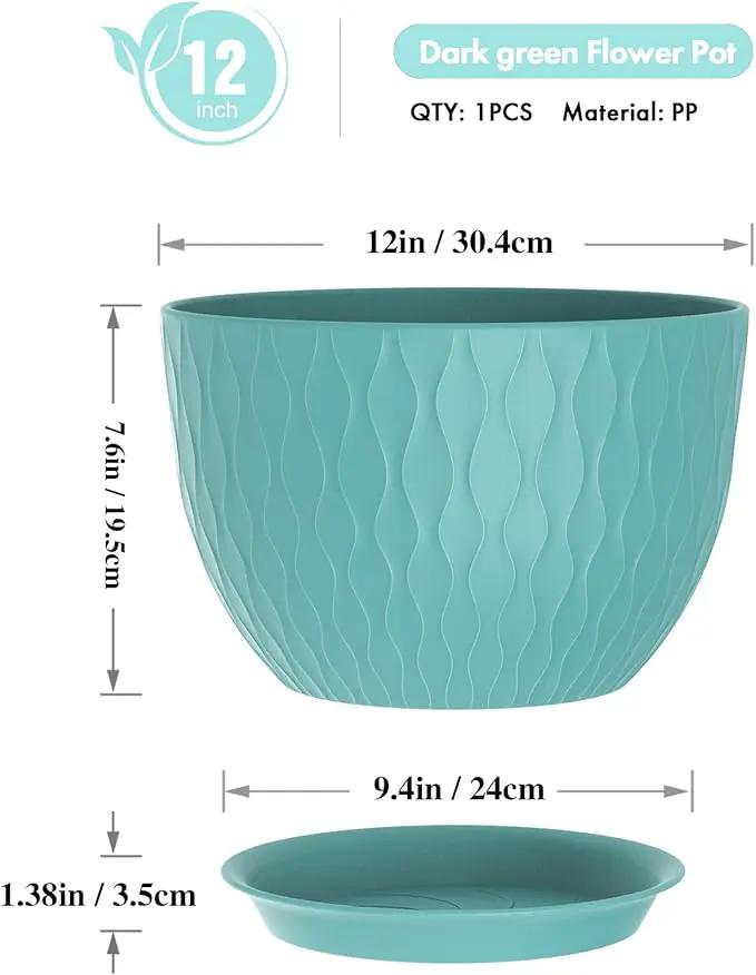 12 Inch Large Plant Pots for Indoor or Outdoor Plants, Wide Water Ripples Flower Pots with Drainage Holes & Saucer, Plastic Planters Set for Garden & Home Decor (Blue Green) by GreenHaven Gardens