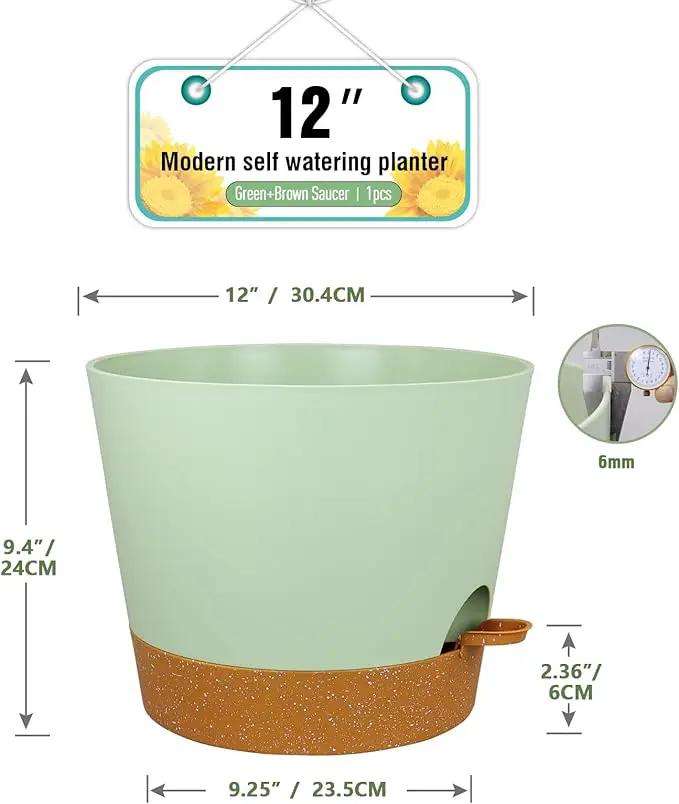 12 inch Large Self Watering Pots for Indoor Outdoor Plants, Flower Plant Pots with Drainage Holes for Garden House Plants, Plastic Planters with Reservoir for Home Plants, Green with Brown by GreenHaven Gardens