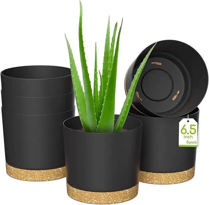 ZMTECH Plant Pots, Set of 6 6.5'' Self Watering Plastic Planter with Drainage Hole and Saucer,Modern Decorative Flower Pot for Indoor Outdoor House Plants, Succulents, Flowers - Dark Gray by GreenHaven Gardens