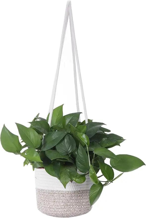 Hanging Planter Basket Jute Rope Woven Plant Hangers Indoor Hanging Plant Holder Up to 7" Pot Macrame Modern Storage Organizer Home Decor (White & Brown) by GreenHaven Gardens