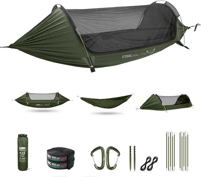 ETROL Camping Hammock with Mosquito Net,3 in 1 Function Parachute Portable Hammock,Double & Single Hammocks Tent for Travel Outdoor Indoor Hiking Patio - with Tree Straps,Carabiners,Aluminium Poles by GreenHaven Gardens