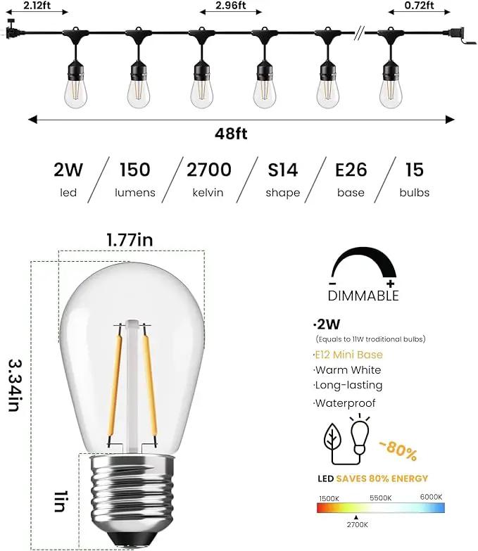 Svater 48 FT Outdoor String Lights 2W, Commercial Grade Patio Light with 15 pc Edison Shatterproof Bulbs, IP65 Waterproof LED Hanging Lighting for Bistro Cafe Market Outside Backyard, Warm White 2700K by GreenHaven Gardens