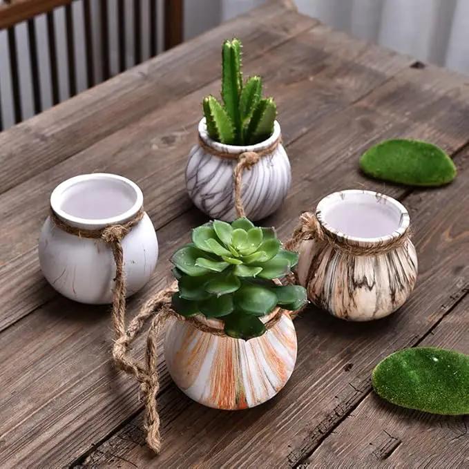 SOUJOY 6 Pack Hanging Succulent Planters, 4'' Mini Ceramic Wall or Ceiling Mount Dangling Plant Pot, Hanging Flower Pot with Jute Rope for Indoor Outdoor Decor, Light Beige by GreenHaven Gardens