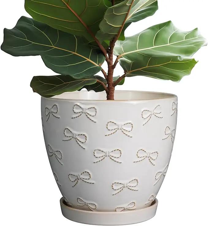 Pots for Plants 10 Inch - Ceramic Planter Large Plant Pot for Indoor Plants Outdoor Round Flower Pot with Drainage Hole and Saucer Home Garden Decor White by GreenHaven Gardens