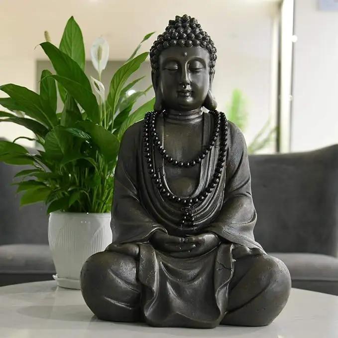 Goodeco 11.4" Meditating Buddha Statue Home Decor - Meditation Gifts for Room/Garden/Patio/Deck/Porch Yard Art Decoration, Zen Decor Buda Statues with Natural Wood Beaded Necklace by GreenHaven Gardens