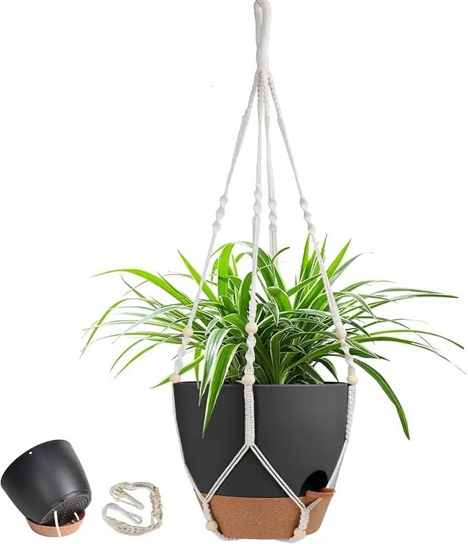 41.5 Inch Macrame Plant Hanger Indoor Outdoor with 12 Inch Flower Pot, Hanging Planter for Plants Holder with Wood Beads for Boho Home Decor (Ivory+Black) by GreenHaven Gardens