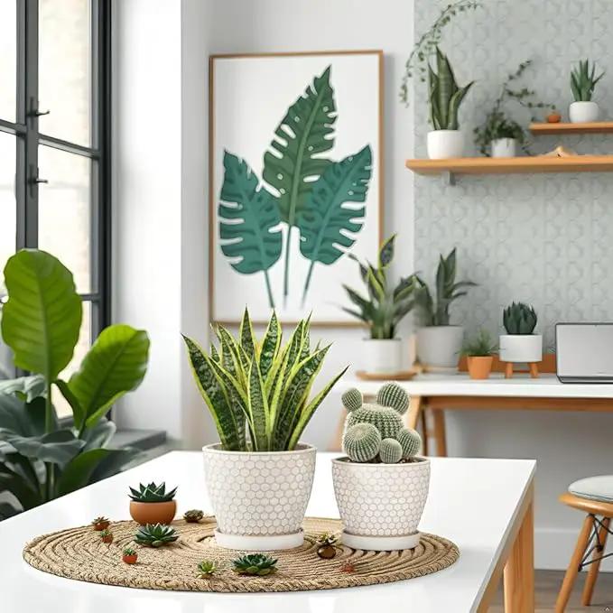 Docrin Ceramic Plant Pots Indoor, 6.6 + 5.5 Inch Flower Pots with Drainage Holes and Saucer for Plants, Set of 2, Milky White Honeycomb by GreenHaven Gardens