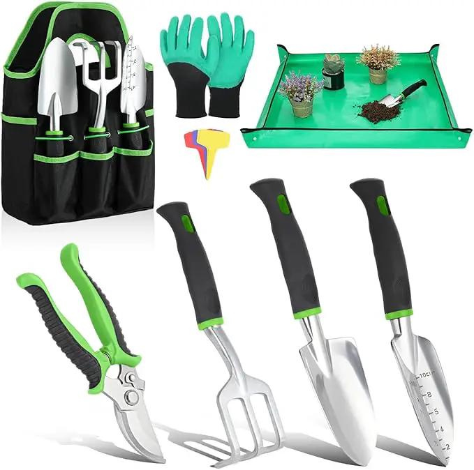 Gardening Tools Set, 8PCS Heavy Duty Garden Tools with Non-Slip Rubber Grip with Large Garden Bag for Tools Aluminum Alloy Hand Tools for Gardening,Gardening Gifts for Women and Men, Green by GreenHaven Gardens