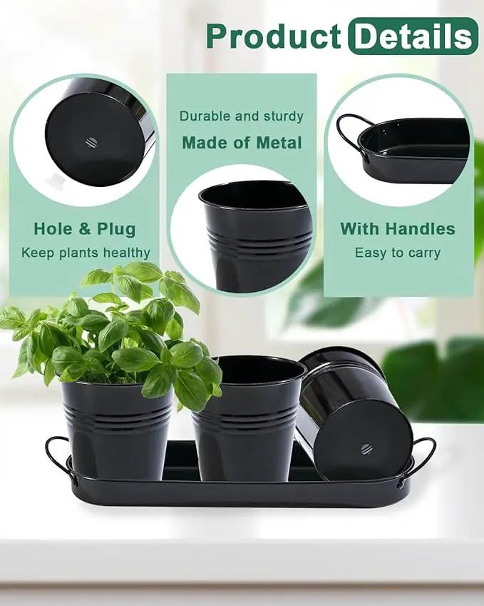 vensovo Indoor Herb Planter Set - Galvanized Windowsill Garden Pots with Tray & Drainage, Set of 3 Metal Window Planters for Kitchen & Outdoor Use, Black by GreenHaven Gardens