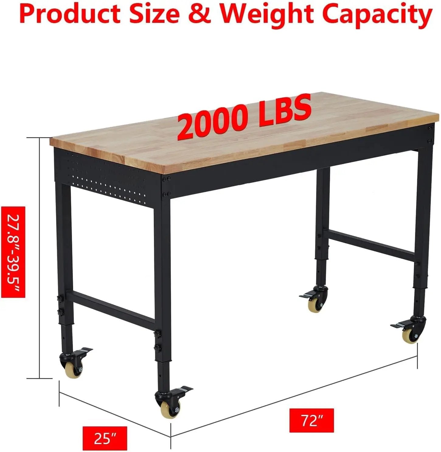 72'' Adjustable Workbench, Heavy Duty Workbench with Power Outlet and Lockable Wheels, 2000 LBS Capacity, Work Table Suitable for Office, Garage, Workshop by GreenHaven Gardens