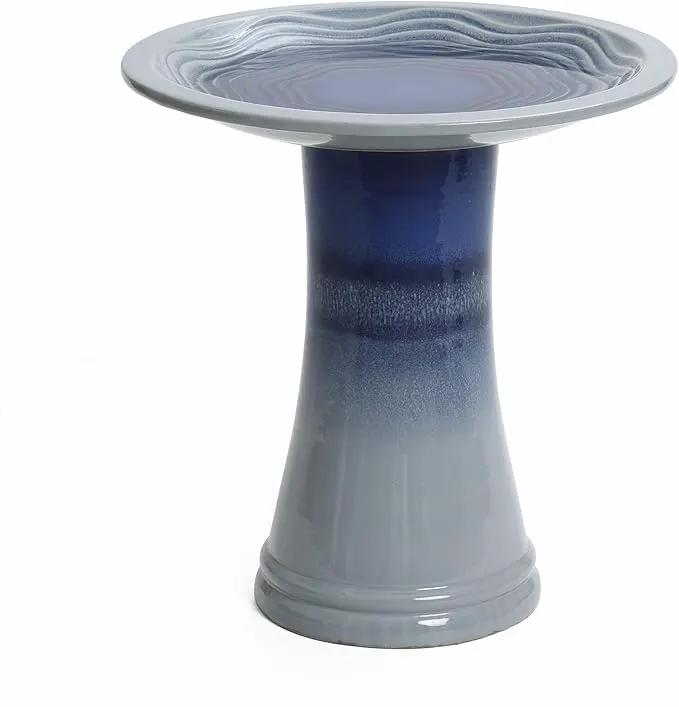 LuxenHome 18 Inch Ceramic Bird Bath for Outside, Elegant Tall Outdoor Bird Bath, Lightweight Pedestal Glazed Birdbaths for Outdoors with Swirl Pattern, Ombre Blue by GreenHaven Gardens