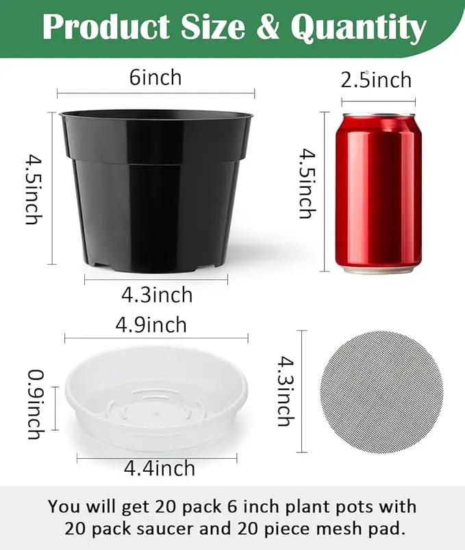 20 Pack Plant Pots, 6 Inch Plastic Plant Planter with Saucers and Mesh Mats, Durable Flower Pots with Drainage Holes Perfect for Indoor Outdoor, Black by GreenHaven Gardens