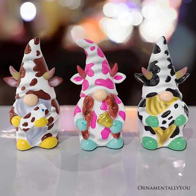 Spring & Summer-Themed Garden Statues – Adorable Outdoor Decor for Lawn, Patio & Porch (Cow Gnome Trio Mini Statue Set of Three, 5" Miniature Figurine and Unique Farm Resin Garden Statue) by GreenHaven Gardens
