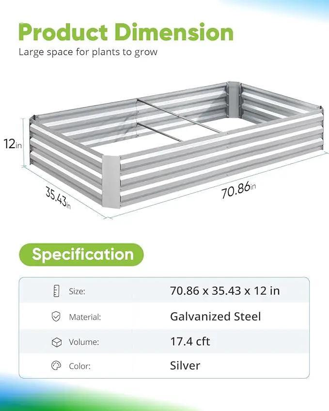 Quictent Galvanized Raised Garden Bed 6x3x1 Ft Metal Planter Box for Vegetables Bottomless for Backyard Outdoor, Include 1 Tomato Cage, Silver by GreenHaven Gardens