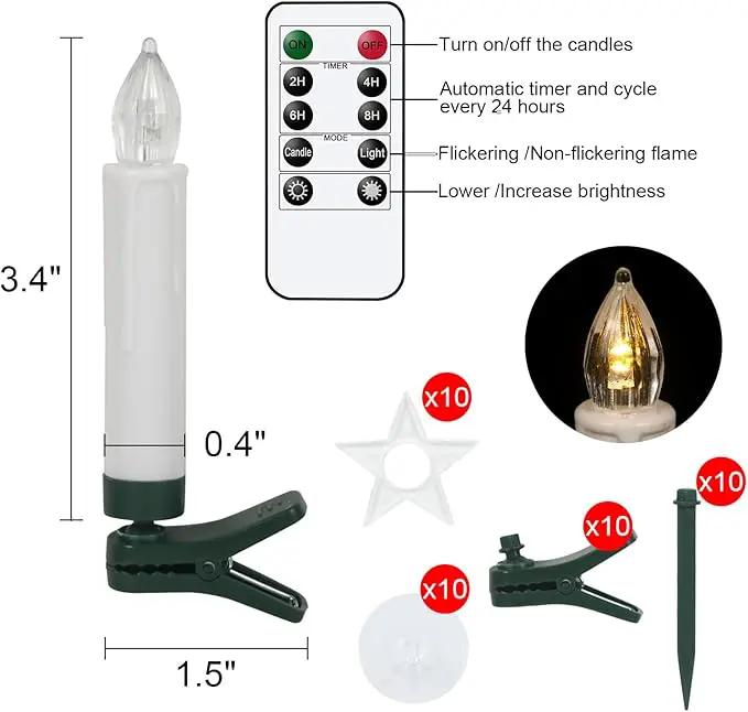DRomance Christmas Tree Flameless Taper Candle Lights Battery Operated with 10-Key Remote and Timer, 10 Pack Plastic Flickering LED Taper Candles Multi-Using Home Garden Holiday Decor 3.4" by GreenHaven Gardens
