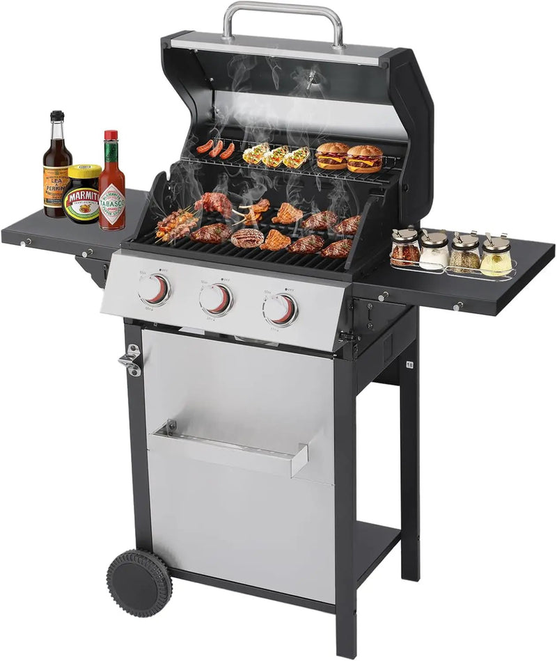 CIG GARDEN 3-Burner Propane Gas Grill,Outdoor Barbecue Grill with 2 Foldable Side Tables,Double-layer Stainless Steel Grill Lid with Cast Iron Grates,31500 BTU Output Perfect for Camping,BBQ Grill by GreenHaven Gardens