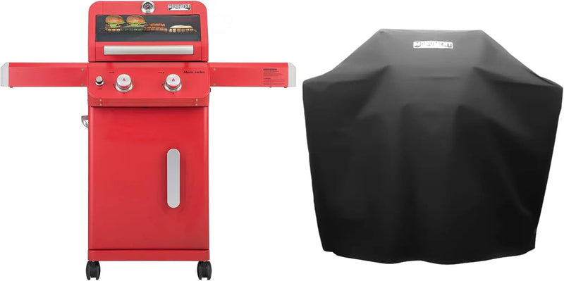 Monument Grills 2-Burner Stainless Steel Liquid Propane Gas Patio Garden Barbecue Grill with Clearview® Lid, Knob Control and Two Foldable Shelves Mesa200R with BBQ Cover, Red by GreenHaven Gardens