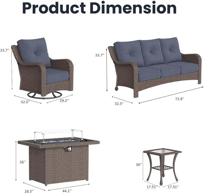 5 Pieces Outdoor Patio Furniture Sets with Rocking Swivel Chairs with 6-inch Thick Cushion and Fire Pit Table for Deck Lawn by GreenHaven Gardens