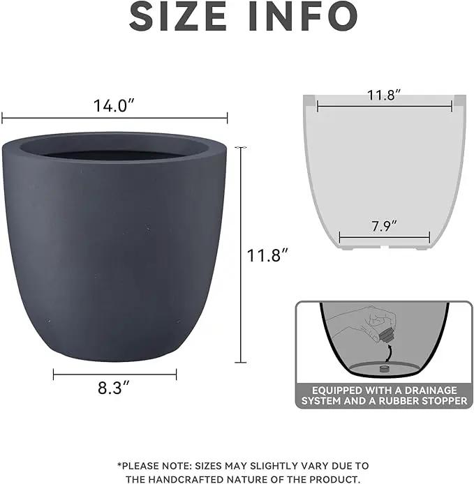 Kante 14 Inch Dia Round Concrete Planter, Indoor Outdoor Large Plant Pot with Drainage Hole and Rubber Plug for Home Patio Garden, Charcoal by GreenHaven Gardens