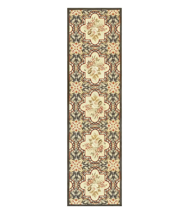 Needlepoint Runner Rug 2.8 x 9.8, Brown and Beige, Handwoven Handmade Floral French European Design, Vintage Flatweave 10ft Wool Runner Rug by Jewel Rugs