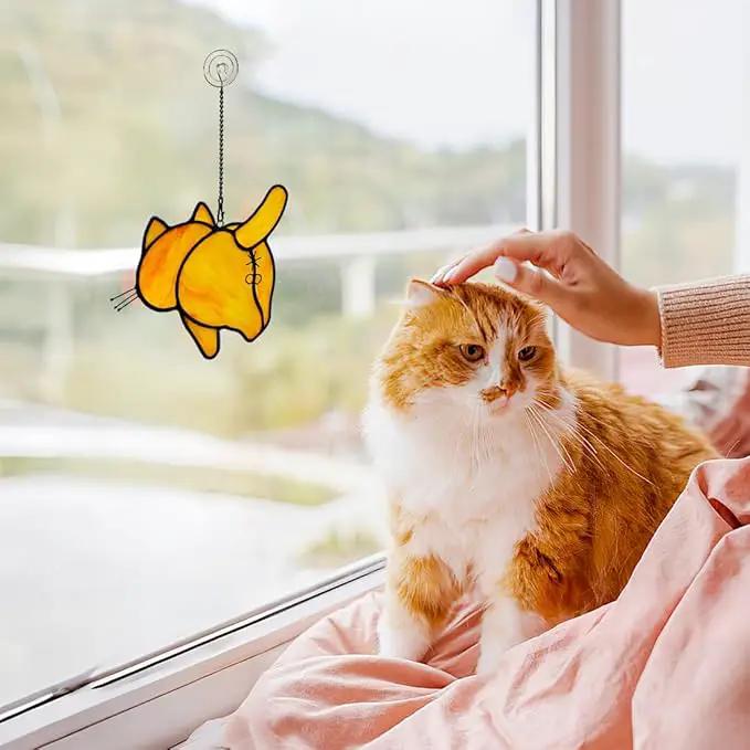 Orange Cat Decor Stained Glass Suncatcher for Window,Funny Cat Gifts for Cat Lovers Stained Glass Window Hanging,Cat Themed Gifts Cat Lovers Gifts for Women Girls Friends Mom by GreenHaven Gardens