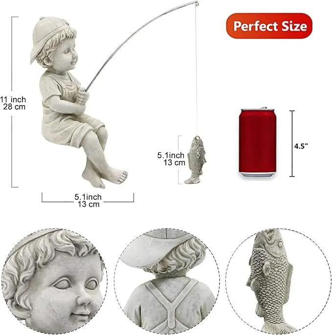 Goodeco Fisherboy Statue Garden Decor - 11" Little Fishing Guy for Koi Pond or Waterfalls, Poolside Statue with Glow in Dark Pebbles Included, Great Gifts for Mom, Women or Birthdays, Gift Ideas by GreenHaven Gardens