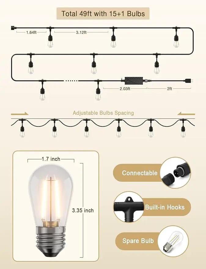 XMCOSY+ Smart Patio Lights 49Ft LED Outdoor String Lights Waterproof IP65, App Control, Compatible with Alexa, Dimmable Edison Bulbs Outdoor Light for Yard Porch Bistro Outside by GreenHaven Gardens